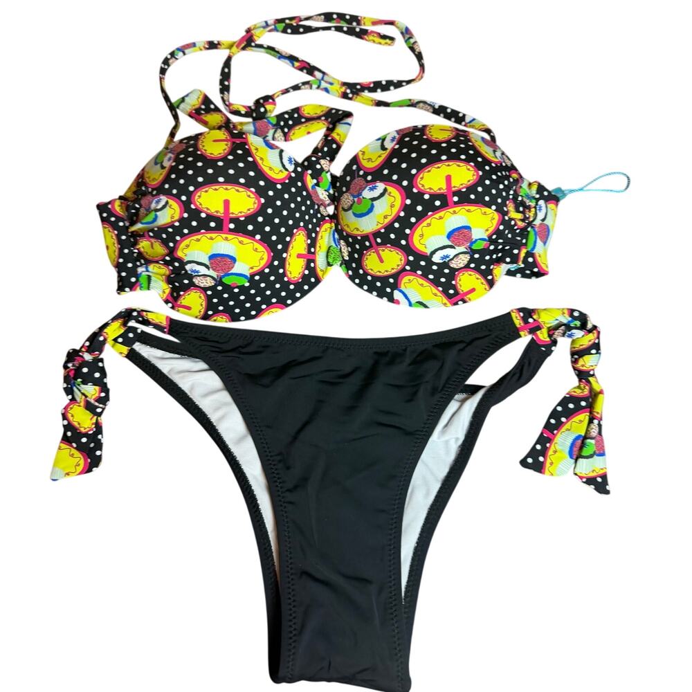 twopiece bikini black halter top with white polka dots and cupcakes